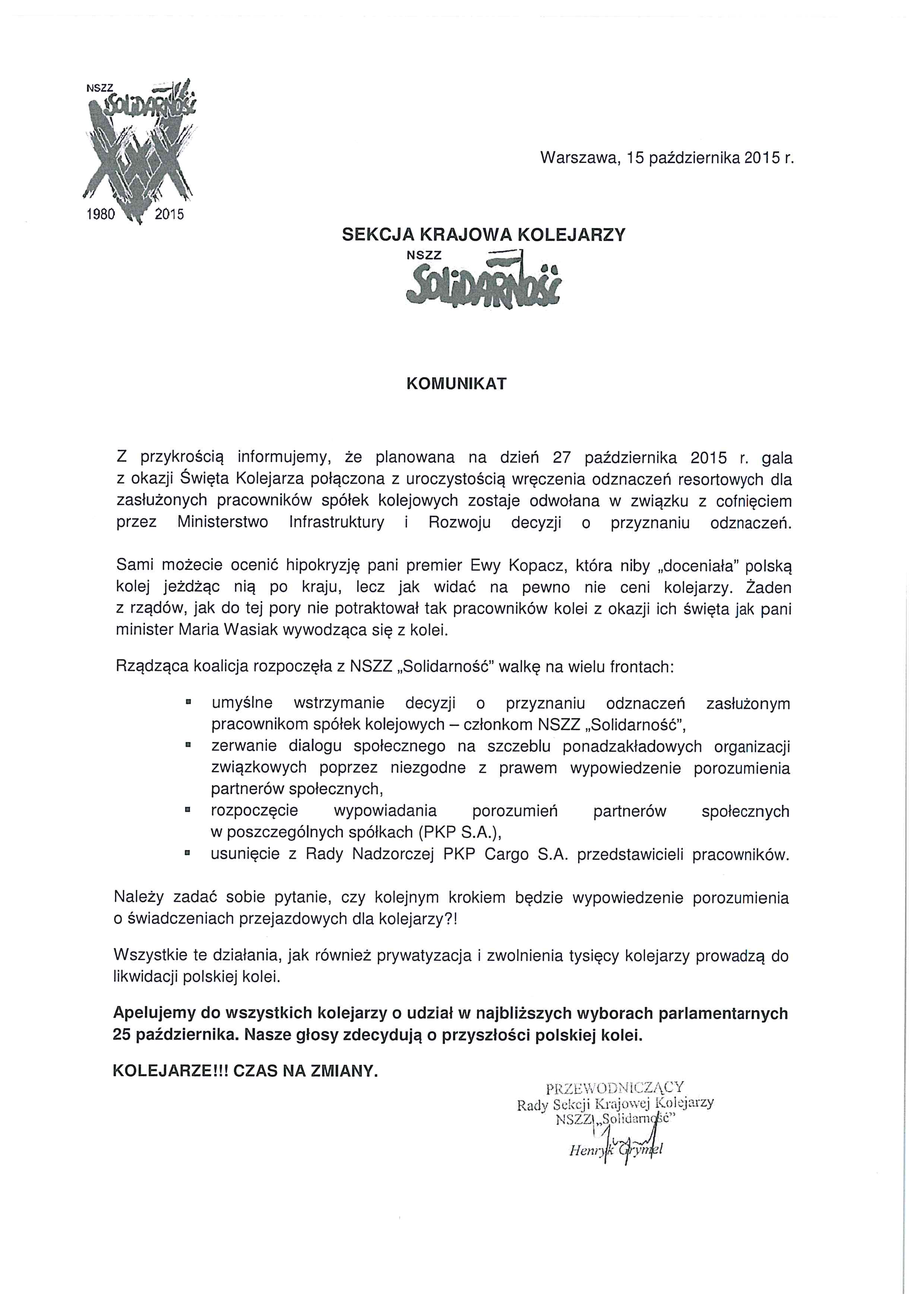 Komunikat SKK 15.10.2015