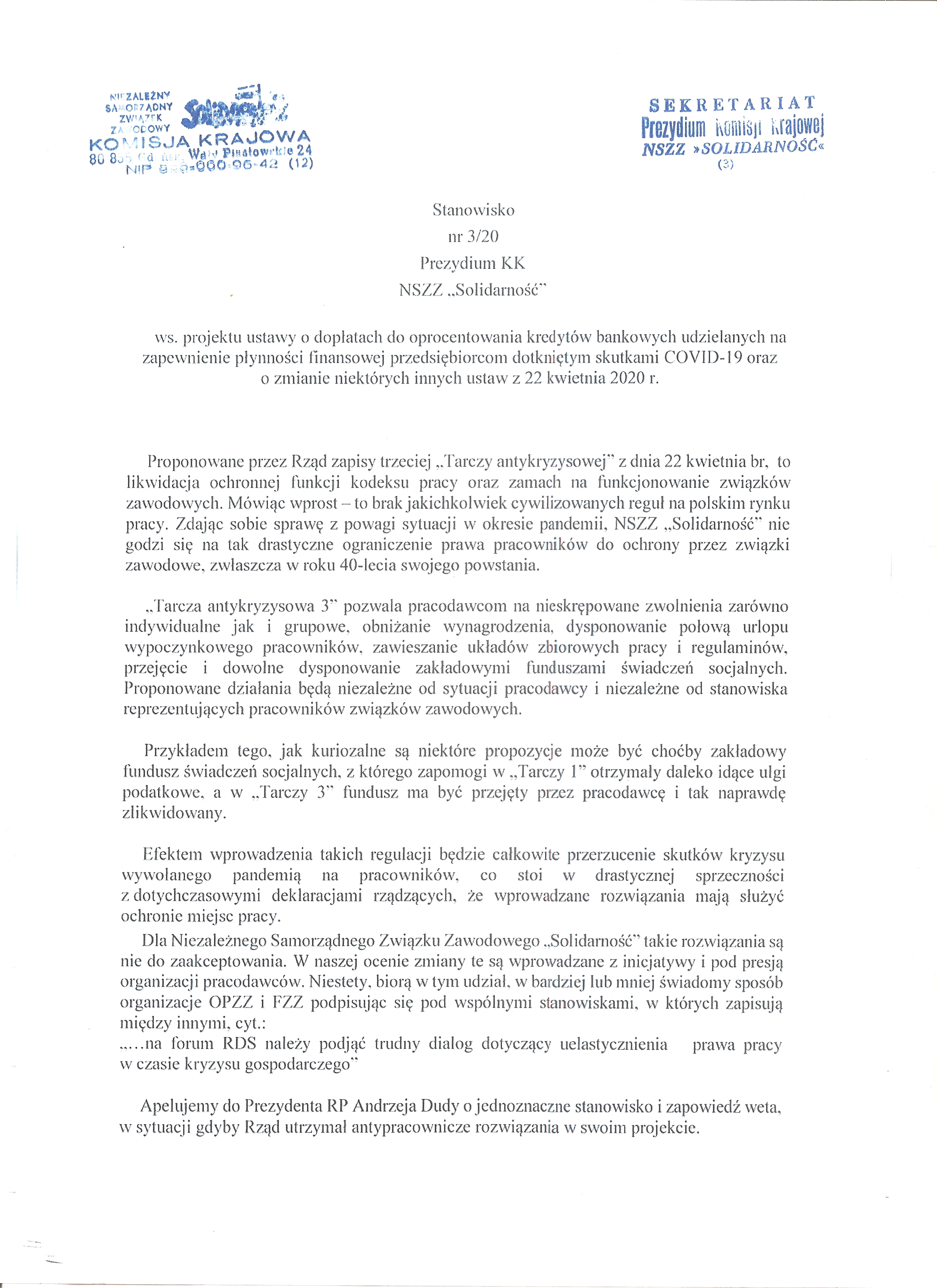Stanowisko Prezydium KK 27.04.2020 1