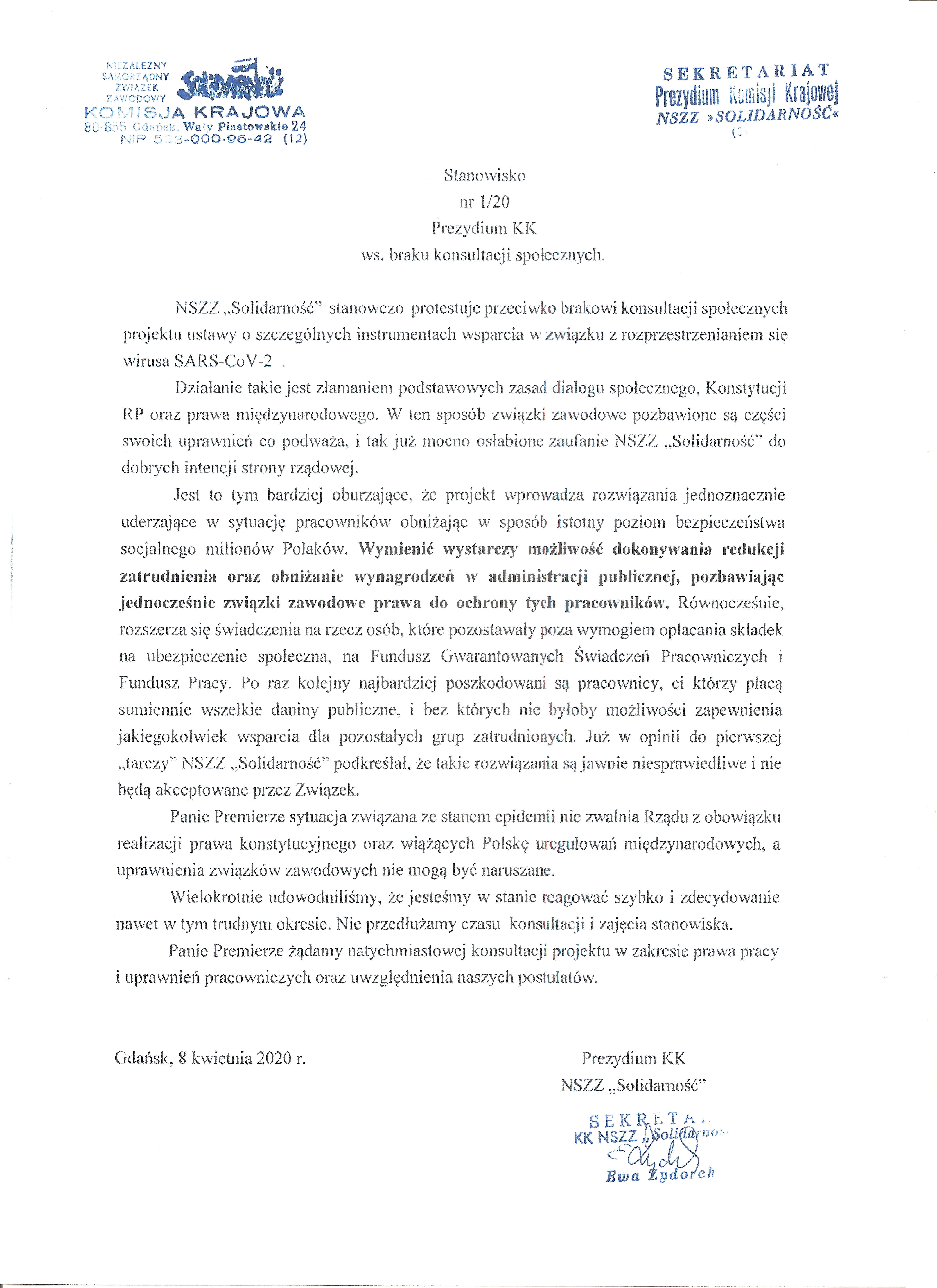 Stanowisko Prezydium KK 08.04.2020