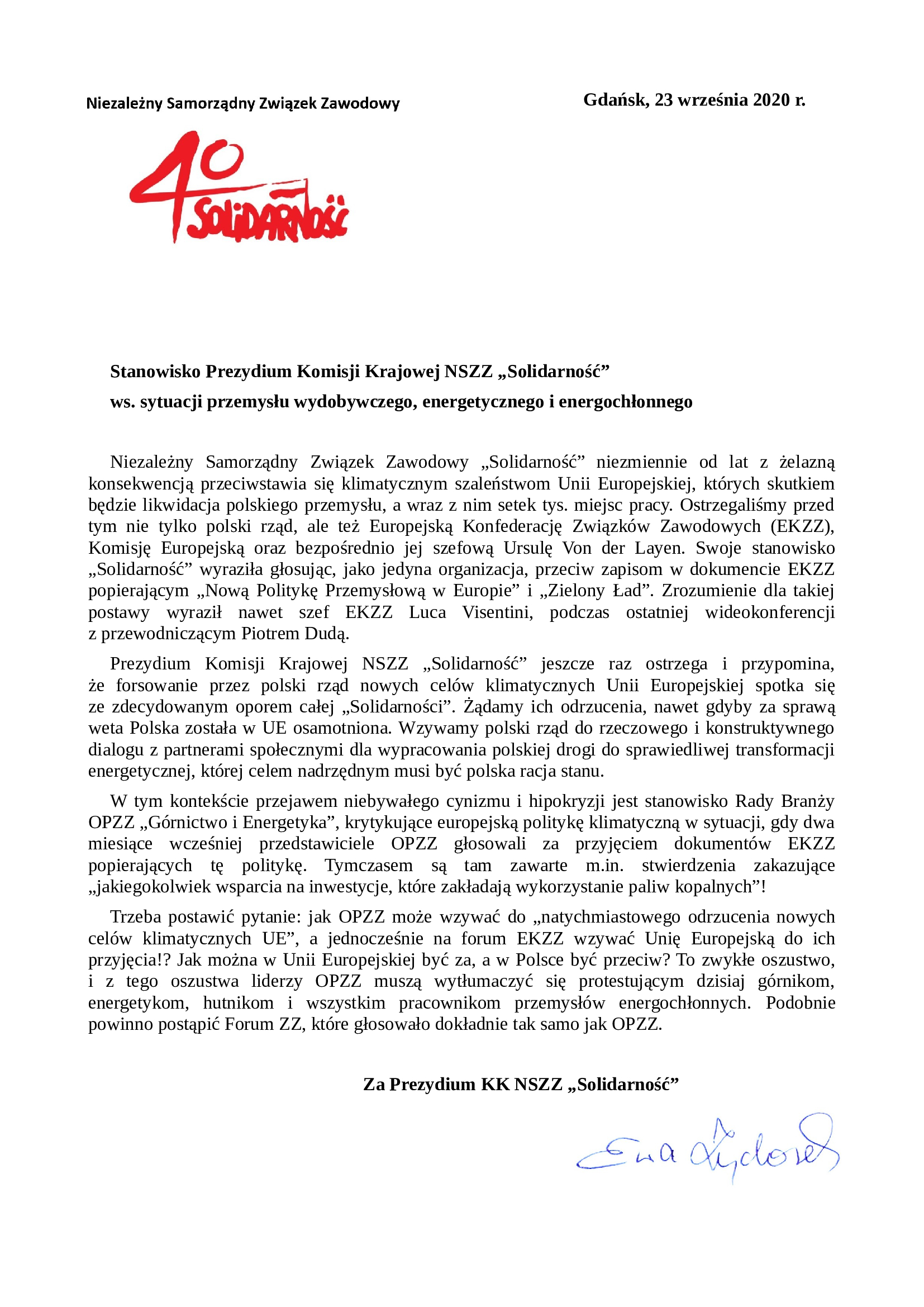 Stanowisko w sprawie OPZZ i klimatu